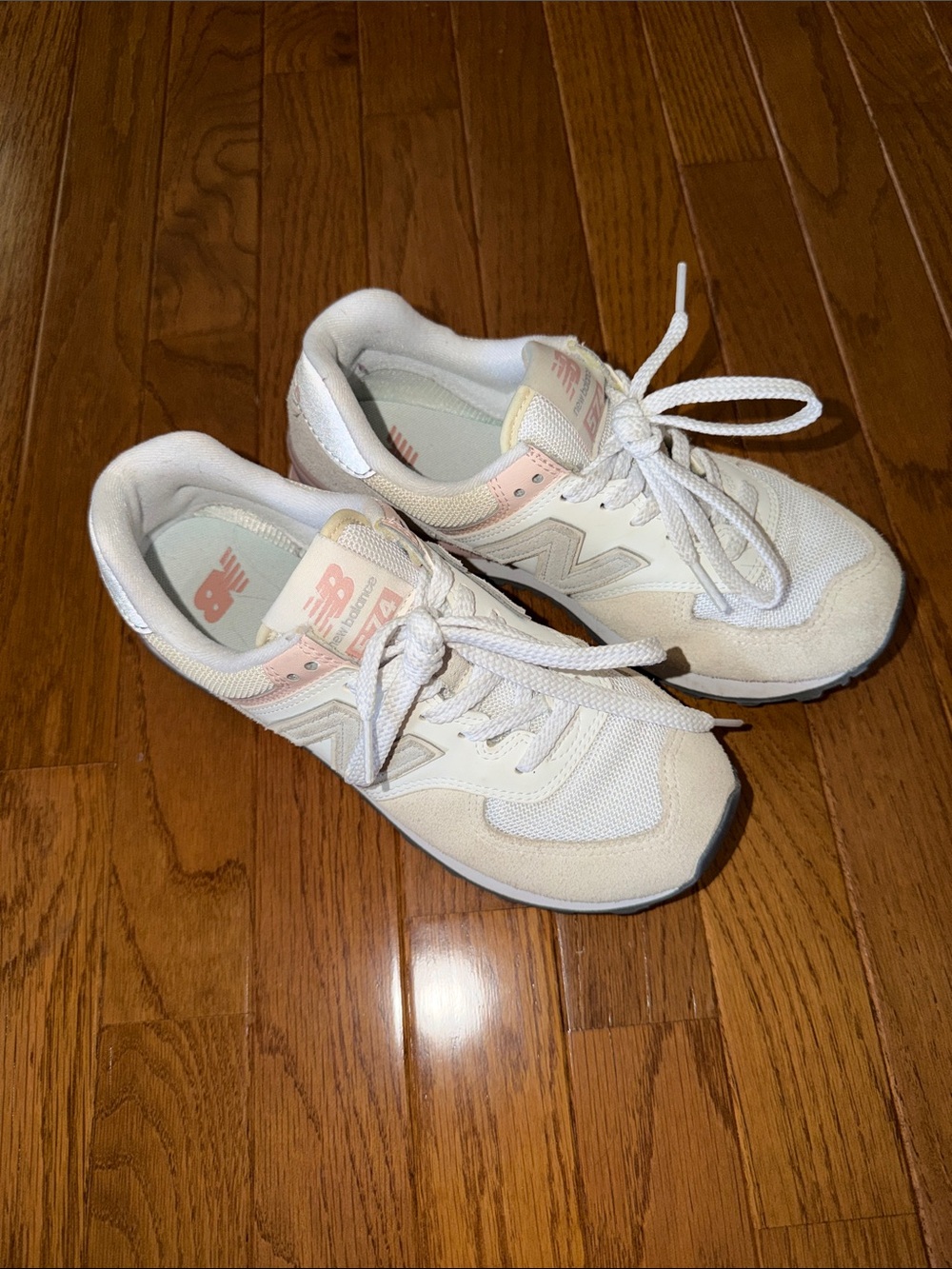 New Balance 574 Women's White Sneakers with Soft Pink Accents